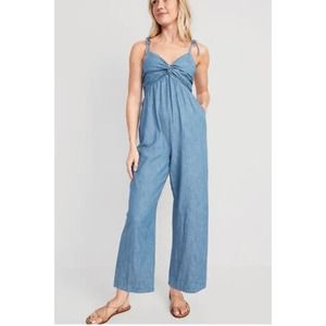 Old Navy Tie Shoulder Denim Twist Front Jumpsuit Romper Blue XS Tall NEW